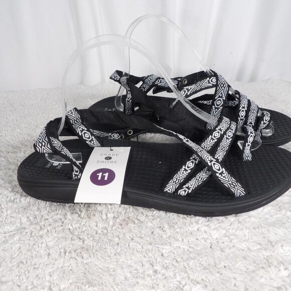 Shade & Shore Womens Ada Black White Textile Comfortable Strappy Sandals Size 11 - Picture 2 of 9